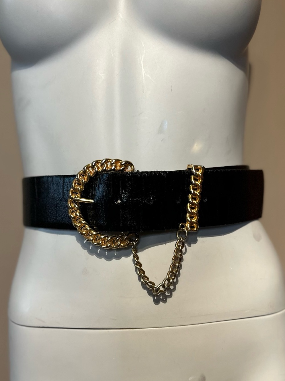 Vintage chain belt Black Wide alligator Leather Belt with Gold Chain Buckle